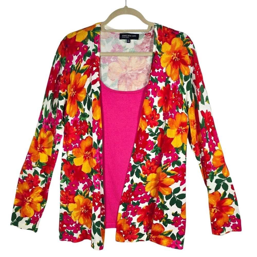 Jones‎ New York Signature Womens XL Floral Cardigan Twinset Pink Orange Knit